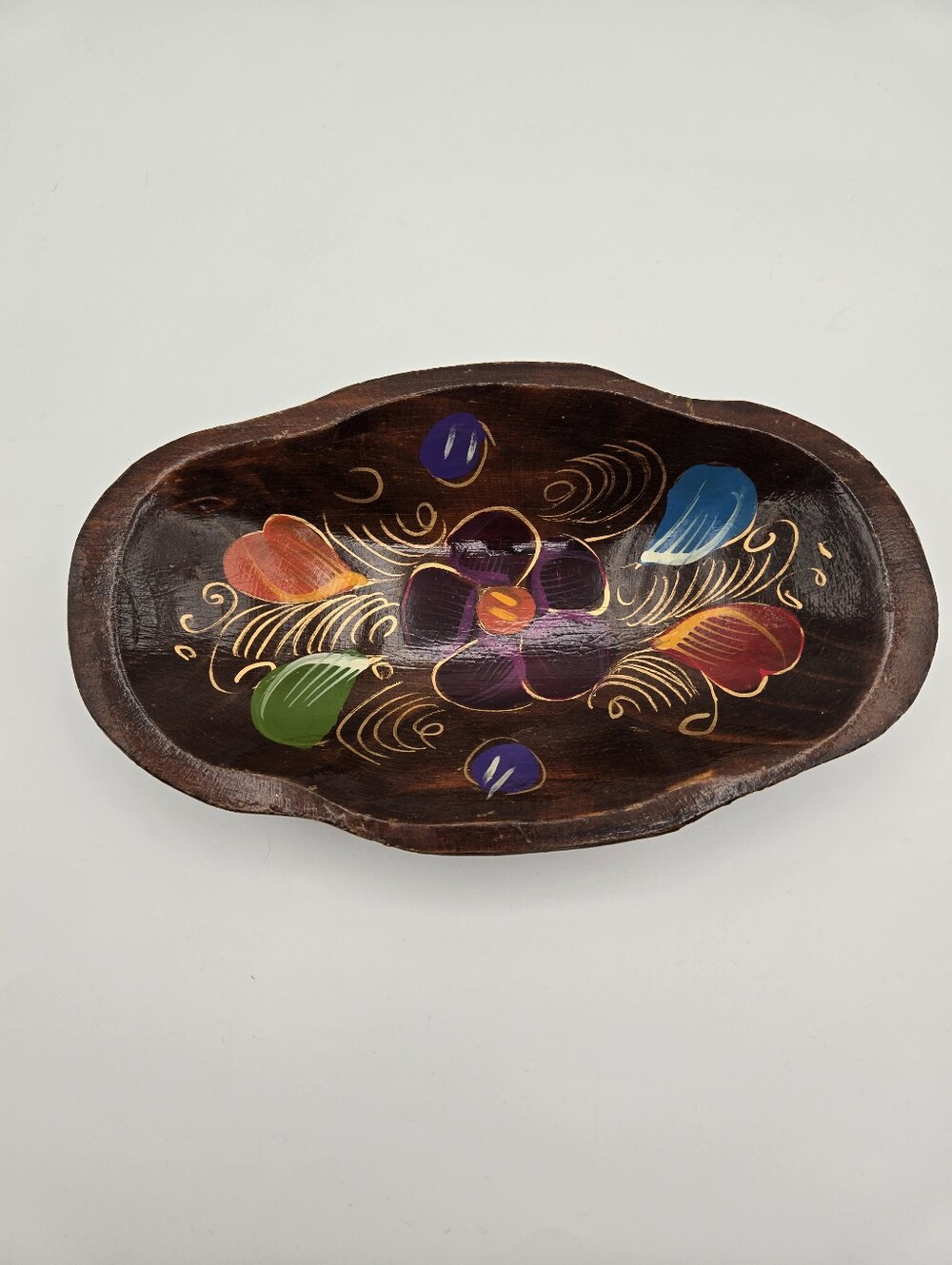 Vintage Primitive Folk Art Floral Hand Painted Carved Wood Bowl Trinket Dish